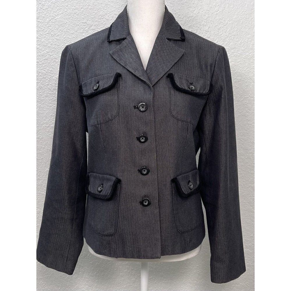 BOB TIMBERLAKE Womens LARGE Black Herringbone Velvet Trim JACKET Pockets EUC